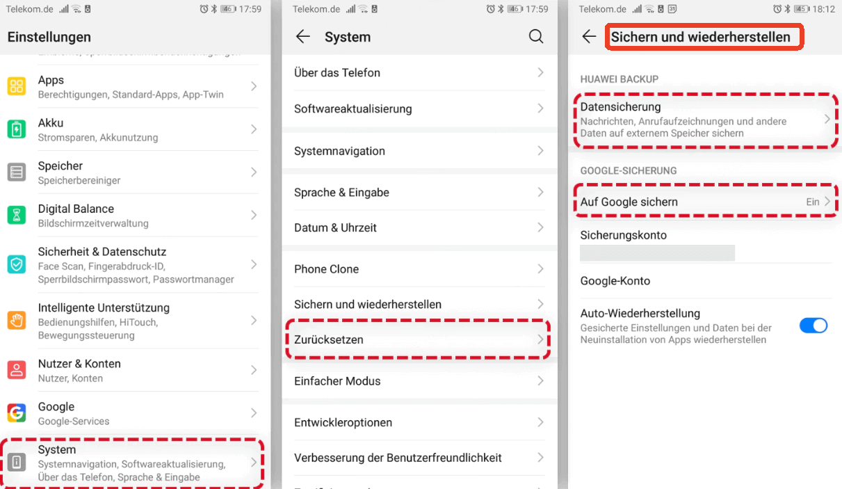 Gehen Sie zu den Handyeinstellungen und klicken Sie auf „Sichern und Zurücksetzen“