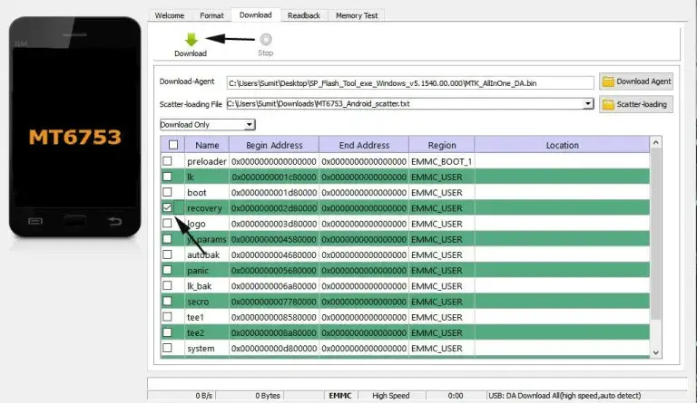 Installieren Sie die Wiederherstellungsdatei mit dem SP Flash Tool