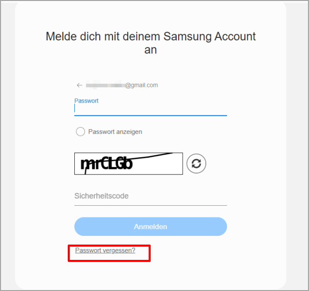 auf Passwort vergessen bei Samsung Account Website klicken