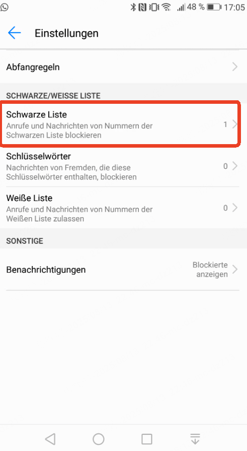 Suchen Sie im Einstellungsmenü nach Optionen „Schwarze Liste“