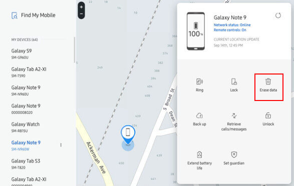 Option Daten löschen in Samsung Find My Mobile