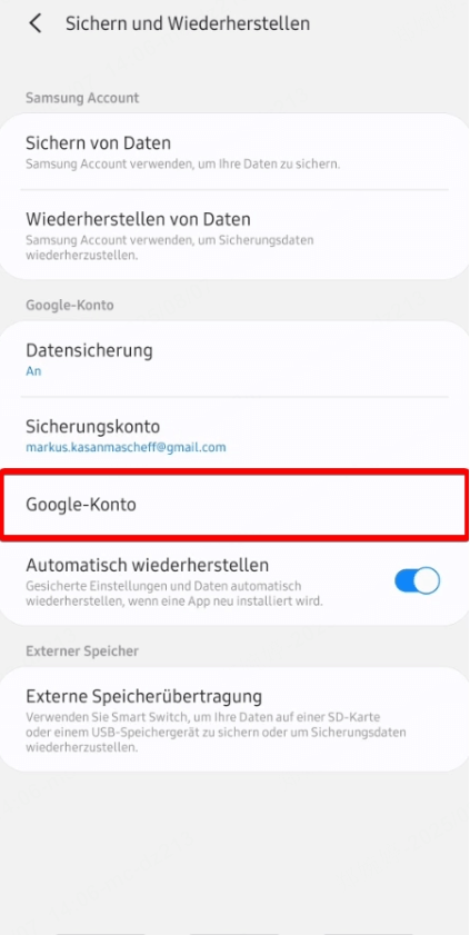 Klicken Sie auf „Backup-Konto“ und fügen Sie Ihr Google-Konto hinzu