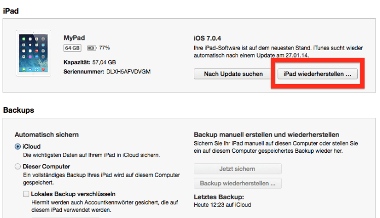 iPad mit iTunes initialisieren