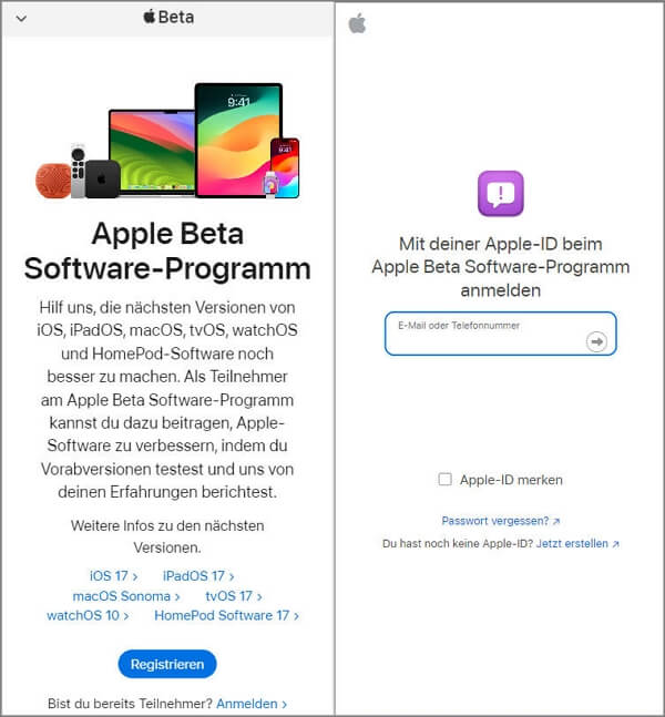 Am Apple Beta Software-Programm anmelden