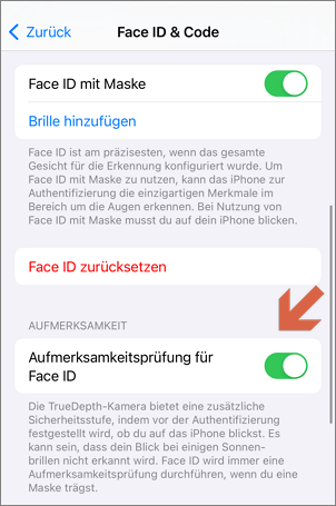 Aufmerksamkeitsprüfung für Face ID deaktivieren