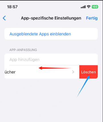 App nach links schieben und löschen