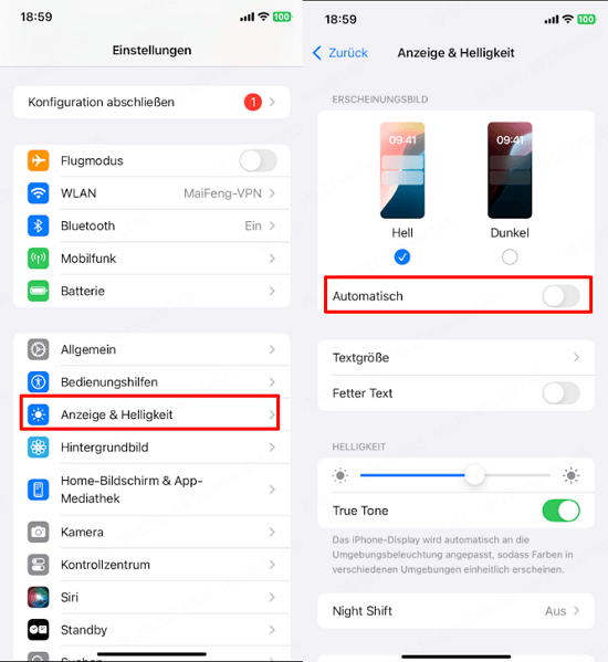 iPhone – Licht-/Dunkelmodus korrigieren
