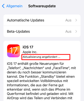 iPhone Aktualisierung angefordert