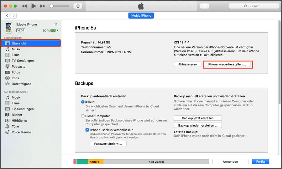 software Update iPhone löschen mit iTunes