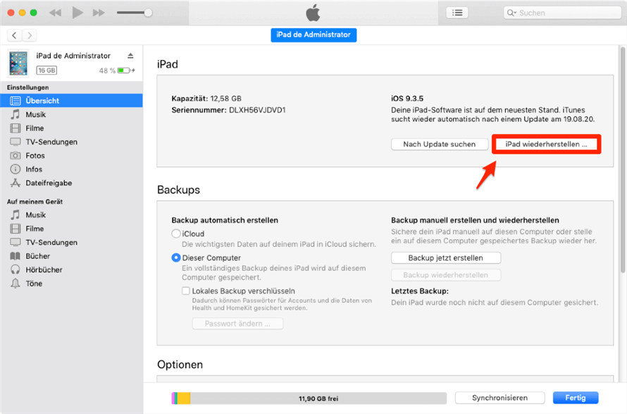 iPad über iTunes auf die Werkseinstellungen zurücksetzen