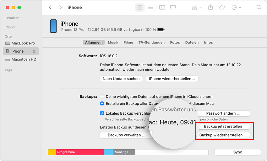 iPhone Backup direkt auf externe Festplatte mac mit finder