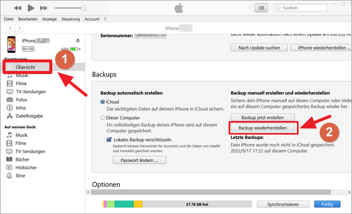 iPhone deaktiviert Datenrettung mit iTunes Backup