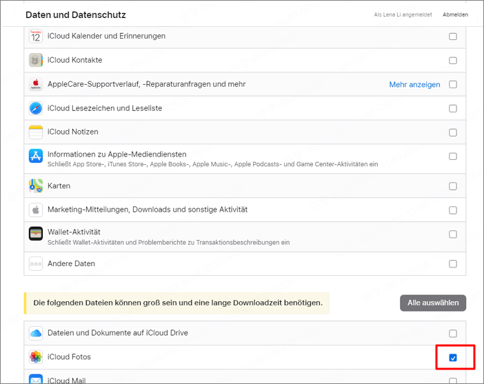 alle iCloud Fotos auf PC laden aus der Datenschutzseite von Apple
