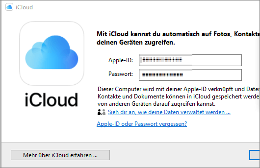 Bei der Windows-Version von iCloud anmelden