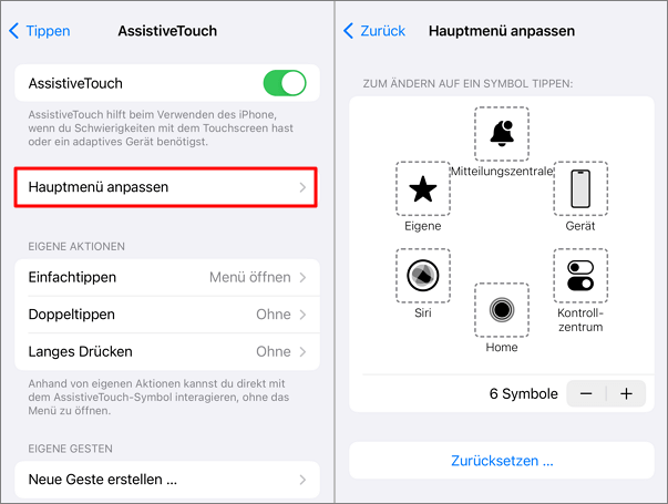 Passen Sie das iPhone AssistiveTouch-Hauptmenü an