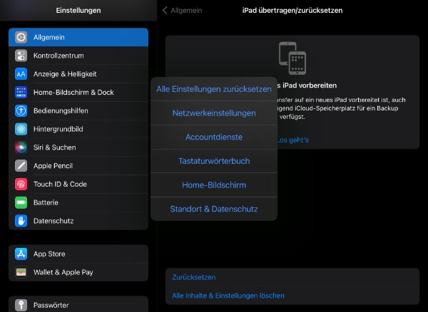 Zurücksetzen der Netzwerkeinstellungen des iPad