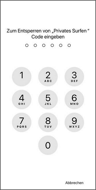 Passwort eingeben, um iPhone Privates Surfen zu öffnen