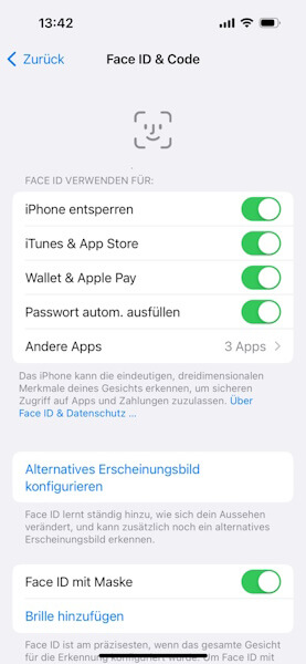 iPhone Face ID für Bildschirmsperre aufheben