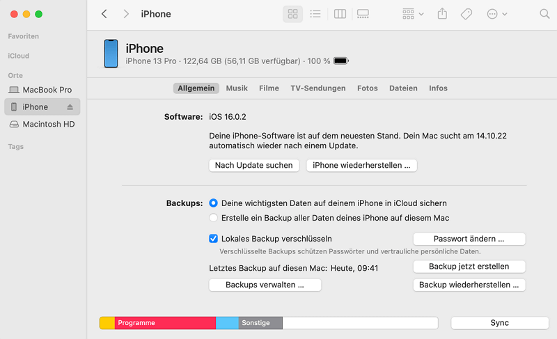 iphone backup mac mit Finder
