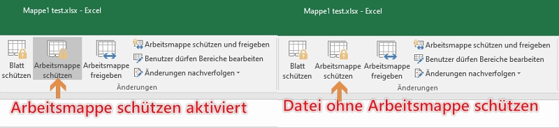 Arbeitsmappe schützen aktiviert