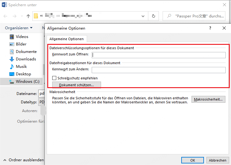 pdf datei mit kennwort schützen druch Word