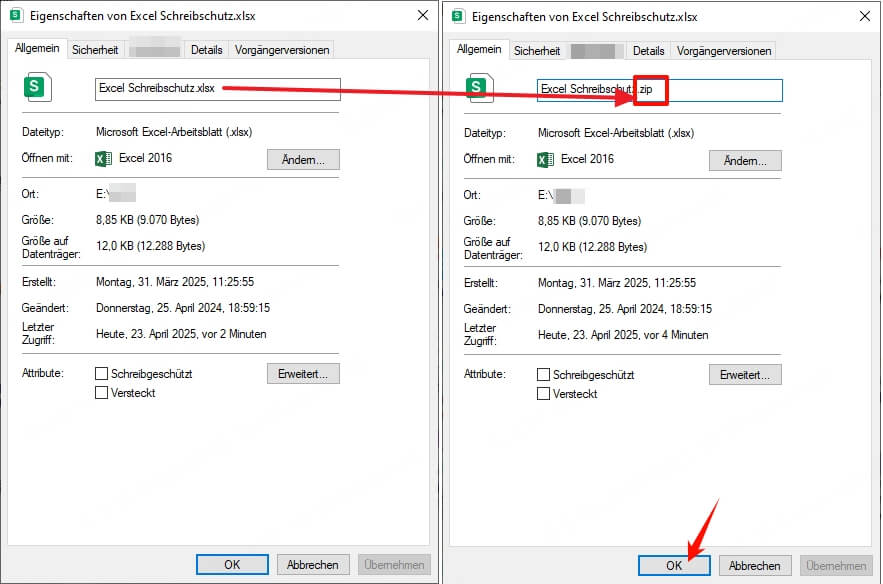 Wechseln Sie Dateierweiterung von xlsx in zip