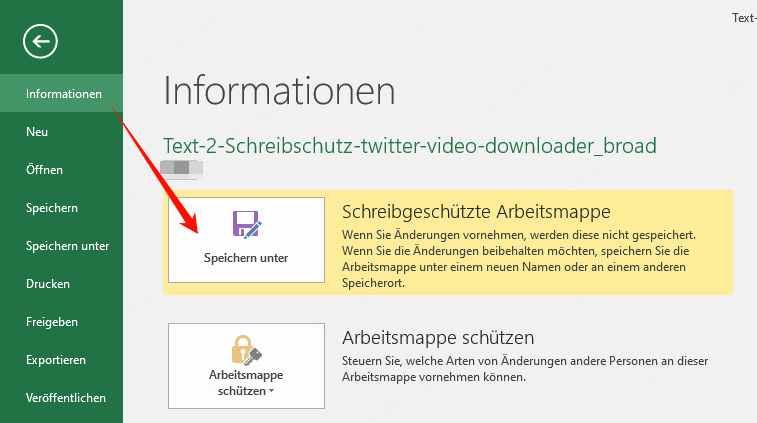 Speichern unter bei Excel tippen