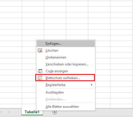 Blattschutz aufheben mit Registerkarte