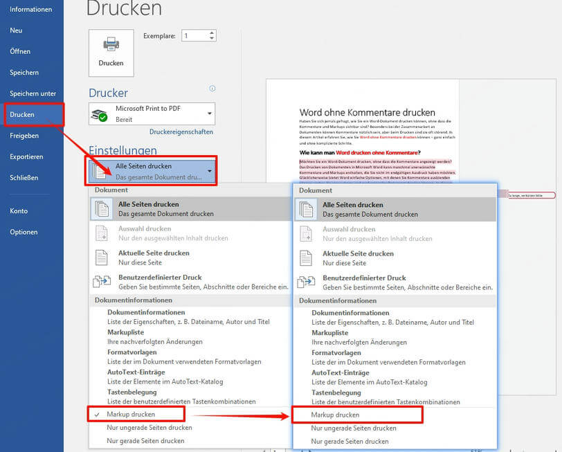 Word ohne Kommentar drucken