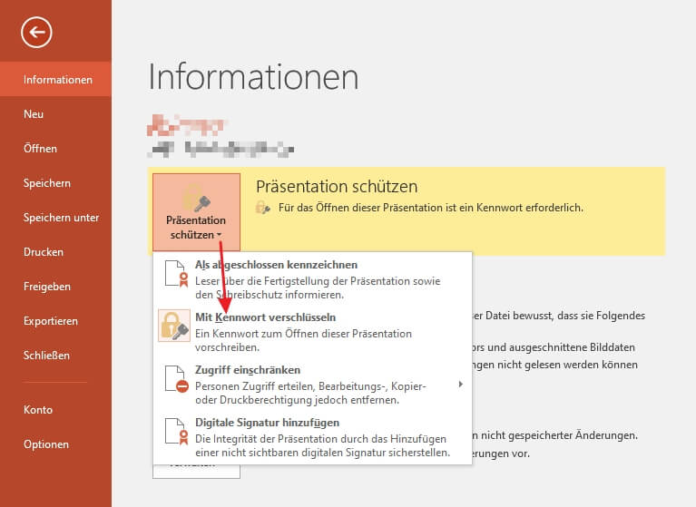 passwort auf powerpoint entfernen mit integrierte Verschlüsselung