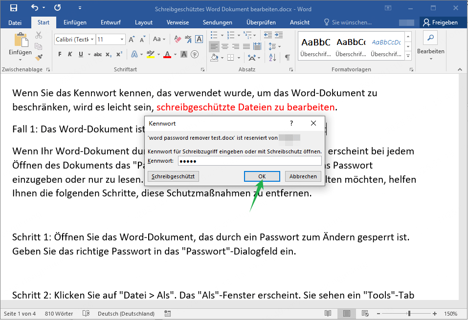 Kennwort zum Ändern eingeben, um geschützte Word Datei zu bearbeiten