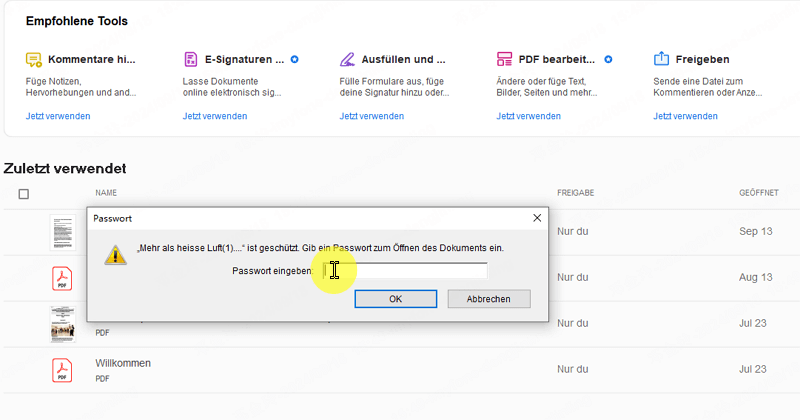 passwortgeschützte pdf datei öffnen mit adobe