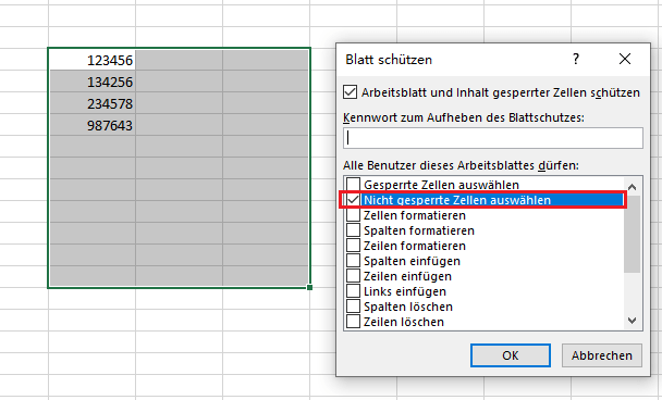 Excel Blattschutz nicht gesperrte Zellen auswählen