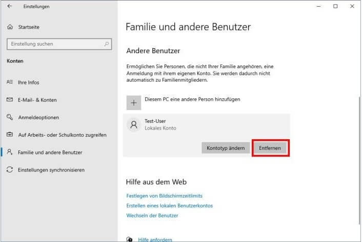 benutzerkonto löschen windows 10