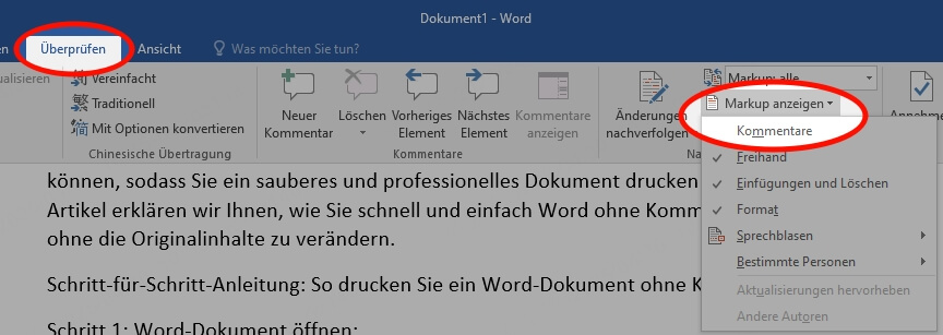 Word ohne Kommentare anzeigen