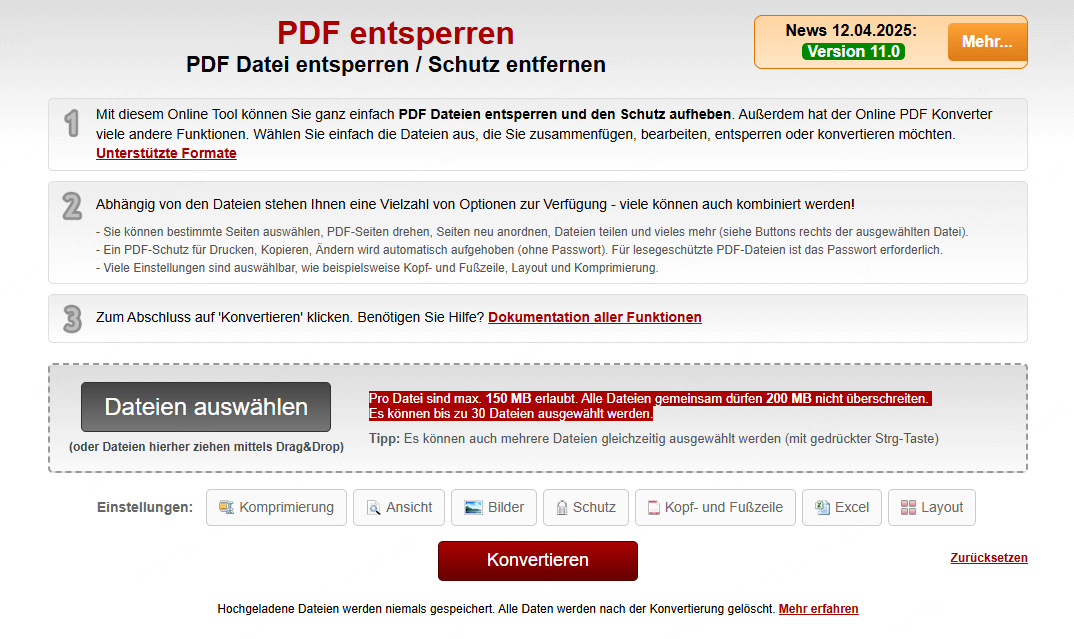 Online2PDF geschütztes PDF entsperren online