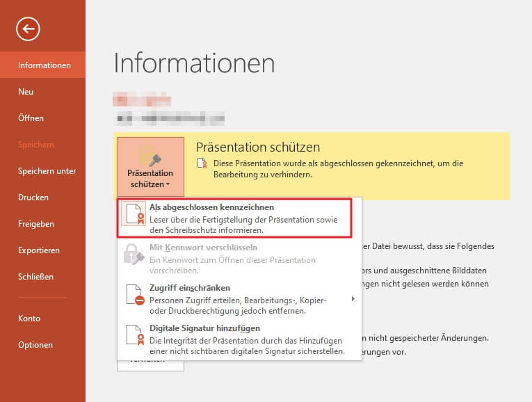 powerpoint als abgeschlossen kennzeichnen aufheben