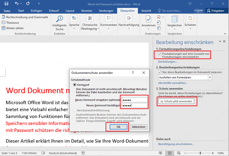 Formatierung in Word einschränken