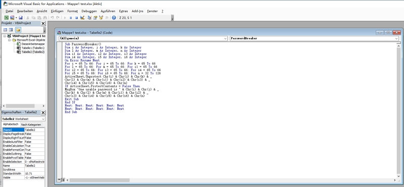 excel arbeitsmappe schützen knacken mit vba code