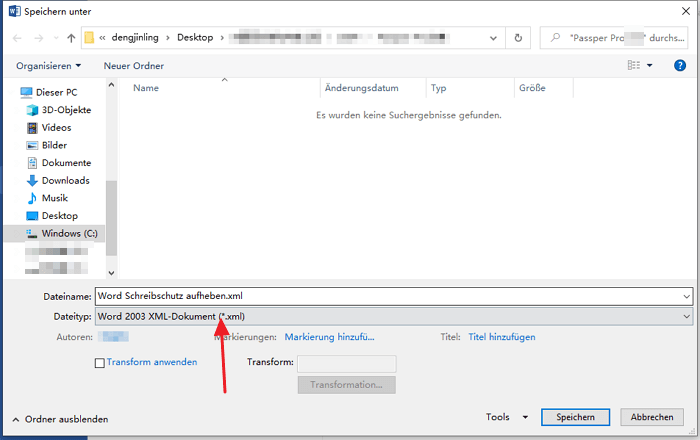 schreibgeschütztes Word Dokument als xml speichern
