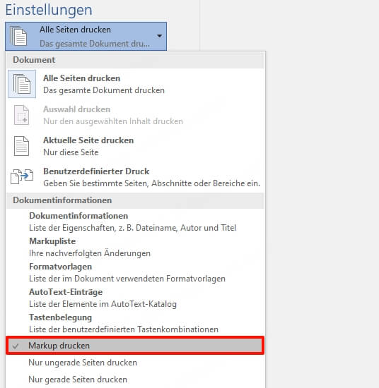 Word mit Markup drucken