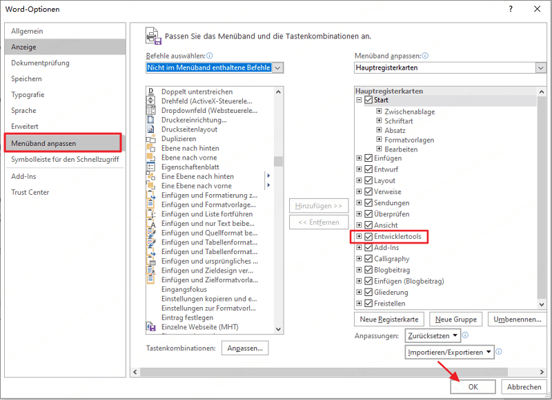 Word Entwicklertools anzeigen