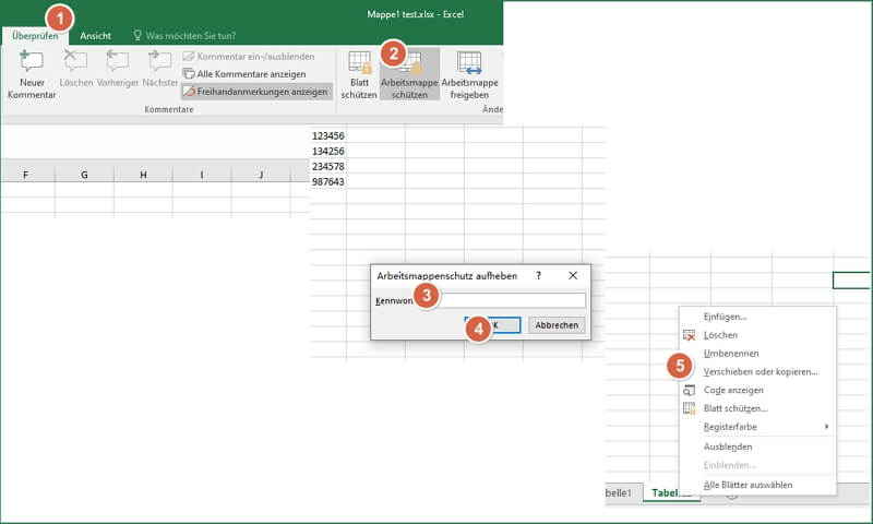 schutz der arbeitsmappe aufheben mit Passwort