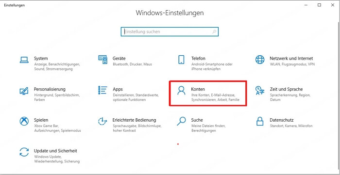 Konten in Windows Einstellungen abrufen