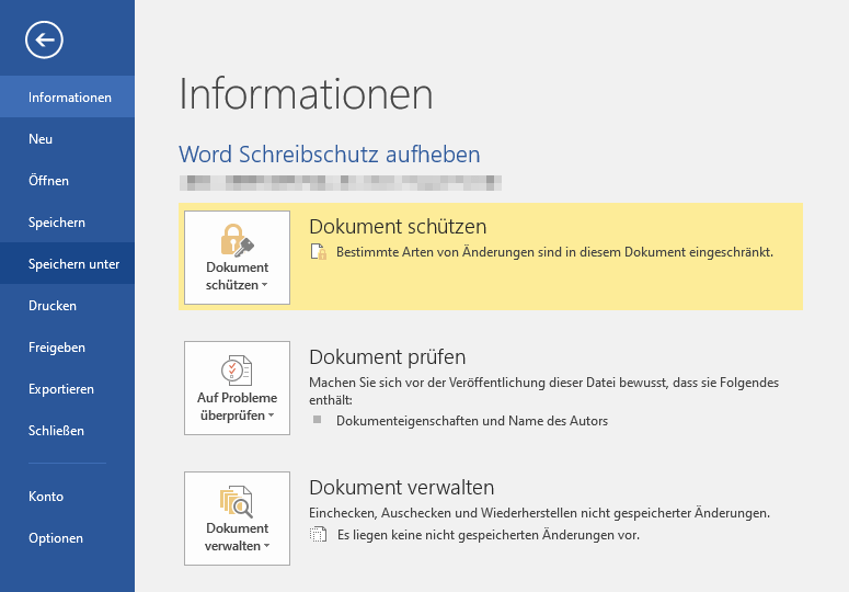 Word Dokument schützen abrufen