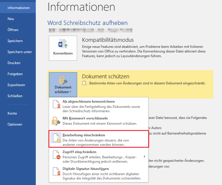Word Bearbeitung einschränken zugreifen