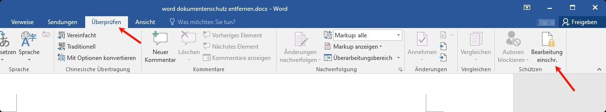 Word > Überprüfen > Bearbeitung einschränken