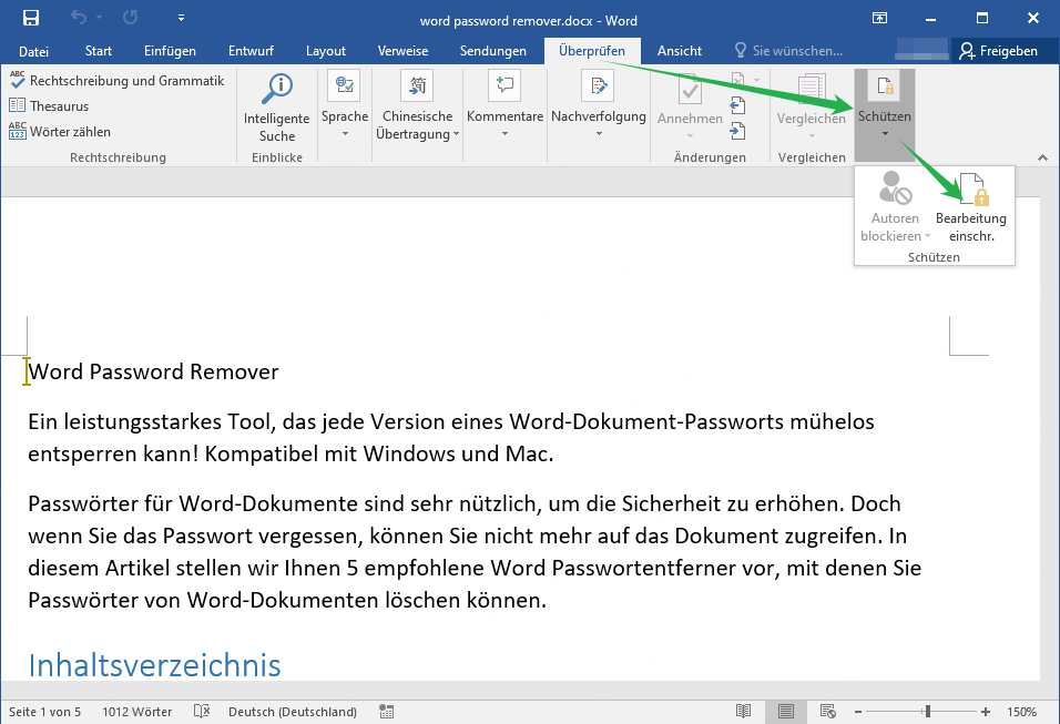 Option Bearbeitung einschränken bei Word