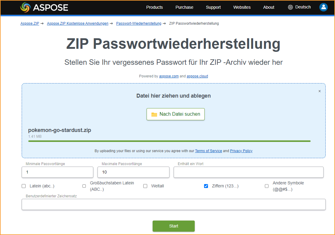 ZIP Datei Passwort online knacken