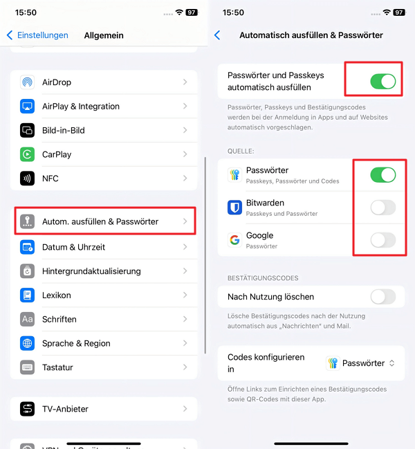 gespeicherte Passwörter bei iOS 18 auto. ausfüllen